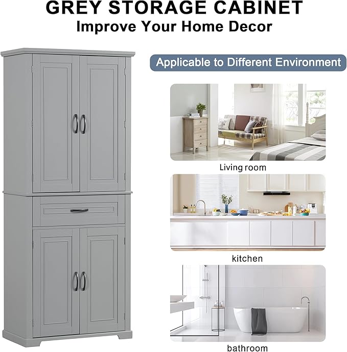 72.2" Tall Storage Cabinet with 4 Doors and Drawer, Freestanding Linen Cabinet, Wooden Pantry with Adjustable Shelf for Kitchen, Bathroom, Living Room, Grey-CasaMuseHome