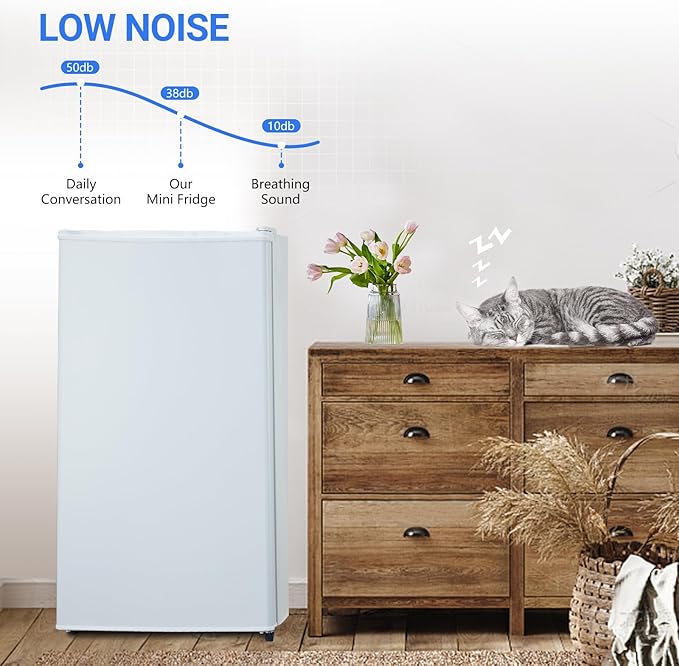 3.2 Cu.Ft Mini Fridge with Freezer, Small Refrigerator with Single Door and Adjustable Thermostat, Shelf, Energy Efficient, Compact Fridge for Bedroom, Office，white-CasaMuseHome