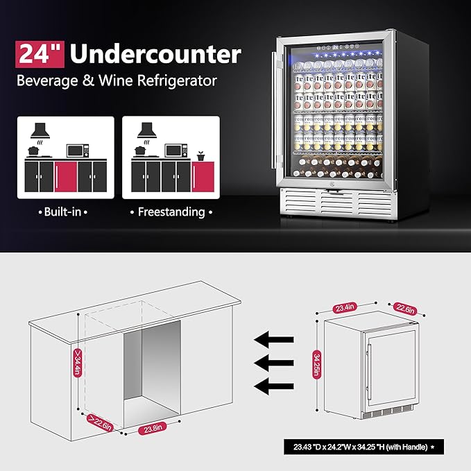 24 Inch Beverage Refrigerator, Beverage Cooler 180 Can Built-in Design, Under Counter Beer Fridge with Glass Door for Soda, Wine, Water - For Kitchen, Office or Bar-CasaMuseHome