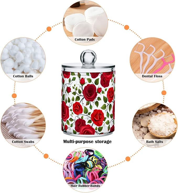 2 Pack Qtip Holder Dispenser Red Rose Flowers Bathroom Storage Canister Lid Acrylic Plastic Apothecary Jar Set Vanity Makeup Organizer for Cotton Swab/Ball/Round Pads, Floss-CasaMuseHome