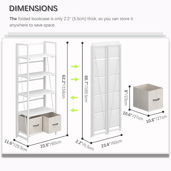 4NM No Assembly Foldable Bookshelf, 5-Shelf Collapsible Bookcase Storage for Small Spaces, 62.2" H, All White-CasaMuseHome