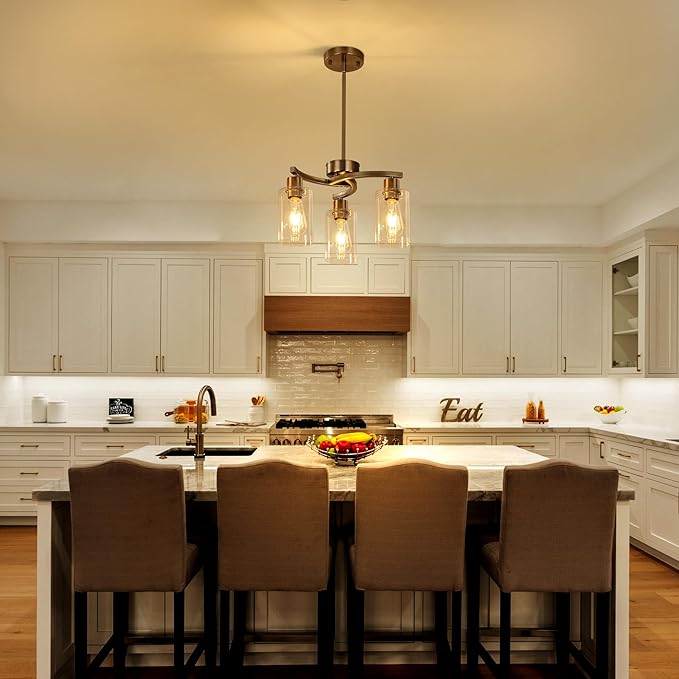 3-Light Brushed Nickel Dining Room Light Fixture,Modern Kitchen Chandeliers Over Table，Adjustable Height Industrial Hanging Pendant Lights for Kitchen Island with Glass Shade-CasaMuseHome