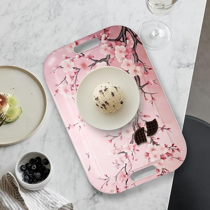 Serving Trays with Handles, 14.5 x 9.8 inch Rectangular Plastic Tray for Restaurant, Kitchen, Pink Cherry Blossom-CasaMuseHome