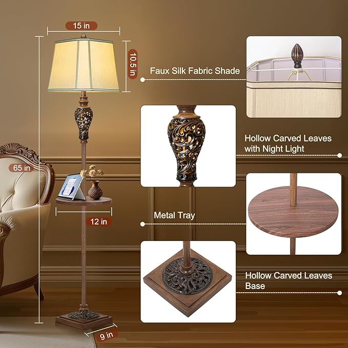 65" High Vintage Floor Lamp with Night Light and Glass Tray, Farmhouse Standing Lamp with Beige Faux Silk Shade, Retro Rustic Tall Lamp Decor for Living Room, Bedroom, Bedside, Corner (Bulb Included)-CasaMuseHome