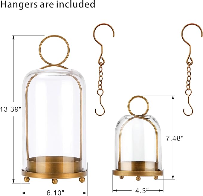 6" & 4" Versatile Modern Metal Hurricane Lantern in Set of 2 with Handmade Sturdy Glass Dome for Pillar Candle & Plants (Brass, 4"x7.5" &6.3"x11.2")-CasaMuseHome