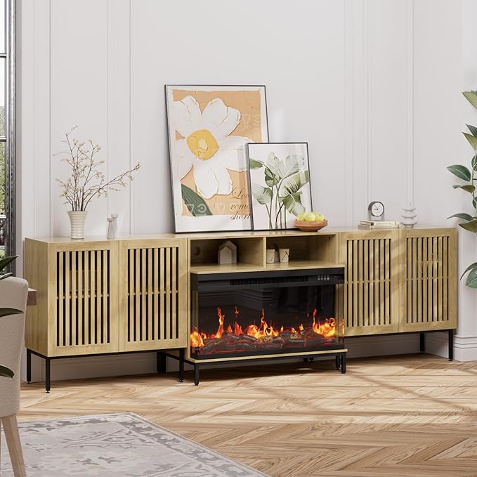 3-Sided Glass Farmhouse Fireplace TV Stand for TVs Up to 100 Inch, Entertainment Center with 36" Electric Fireplace, Oak TV Console with Storage Cabinets for Living Room-CasaMuseHome