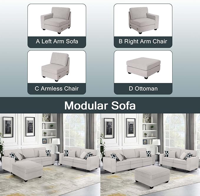 L Lengend Vansen Modular Sectional Sofa U Shaped Couch with Ottoman Modern Reversible Corner Sectional Couch for Living Room (Light Grey, 2+3 with Ottoman)-CasaMuseHome