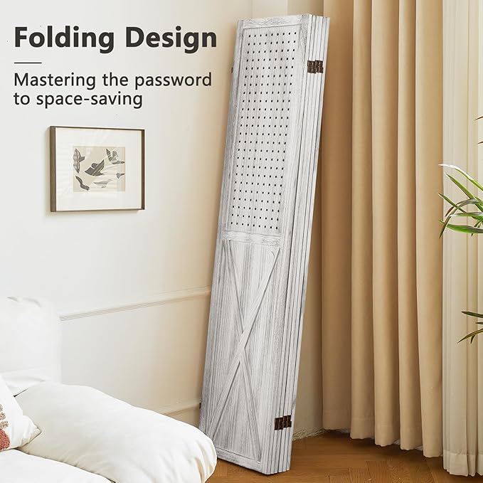 6 Panel Pegboard Room Divider, 5.6Ft Pegboard Display Folding Privacy Screens, Wood Room Divider Peg Board Display Freestanding for Trade Show Craft Show Home Wall Organizer, Retro White-CasaMuseHome
