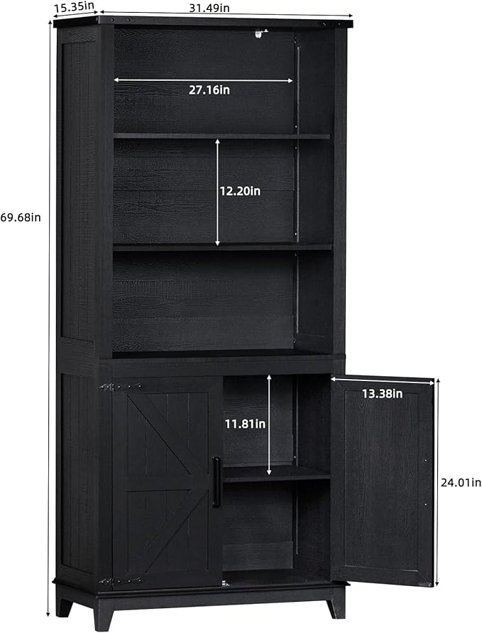 70in Tall Bookshelf 5 Tier Bookcase with Barn Doors and Adjustable Shelves, Black Farmhouse Book Shelf with Storage Cabinet, Wood Freestanding Display Bookshelves for Bedroom, Kitchen (3PCS)-CasaMuseHome