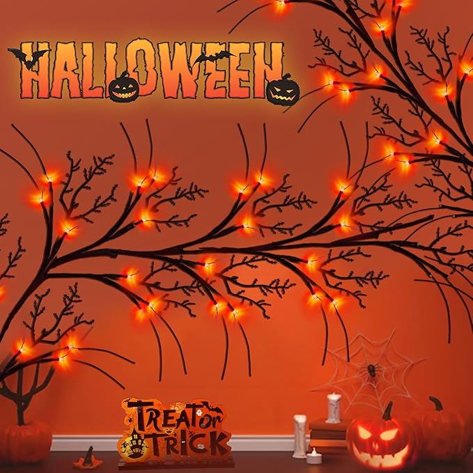 9 FT 72LED Halloween Willow Vine Twig Decor Branches Garland with Lights - 8 Modes Timer - Waterproof Battery Operated for Indoor Wall Fireplace Halloween Decorations-CasaMuseHome