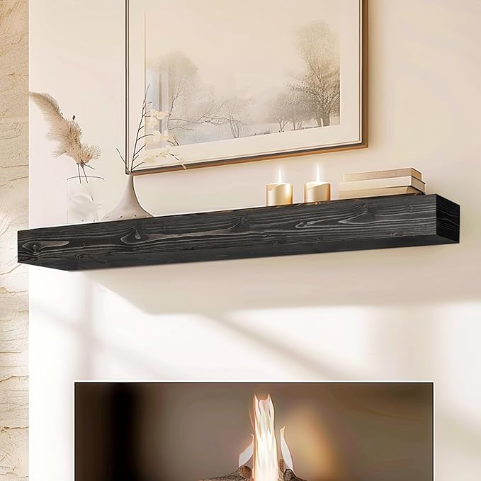60x8x5 Fireplace Mantel - Handcrafted Hollow Rustic Solid Wood Wall Mounted Floating Shelf with Invisible Heavy Duty Wood Bracket (Weathered Black)-CasaMuseHome