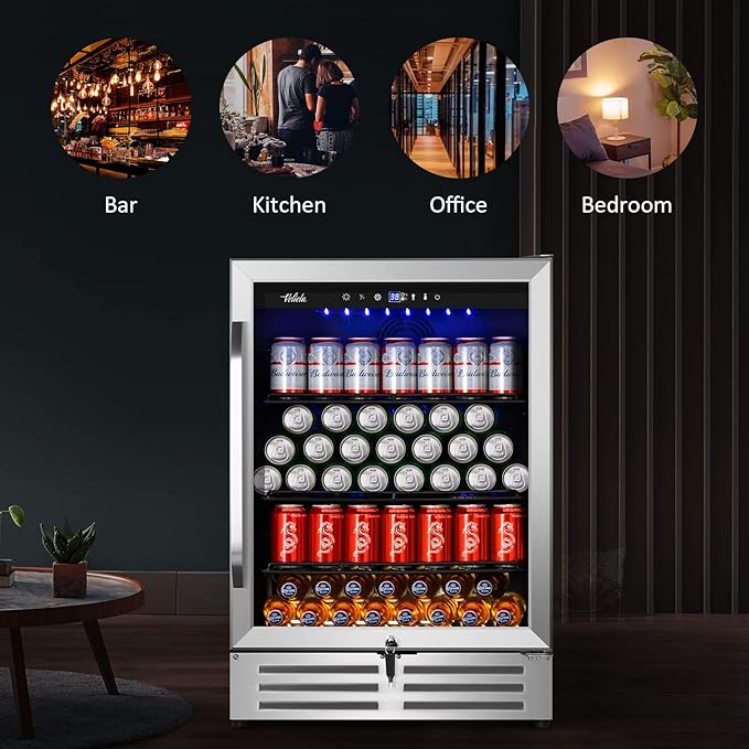 24 Inch Beverage Refrigerator Cooler,210 Cans Wide Beverage and Beer Fridge with Glass Door and Powerful Cooling Compressor, Built-in/Freestanding Drink Fridge for Kitchen, Bar or Office-CasaMuseHome