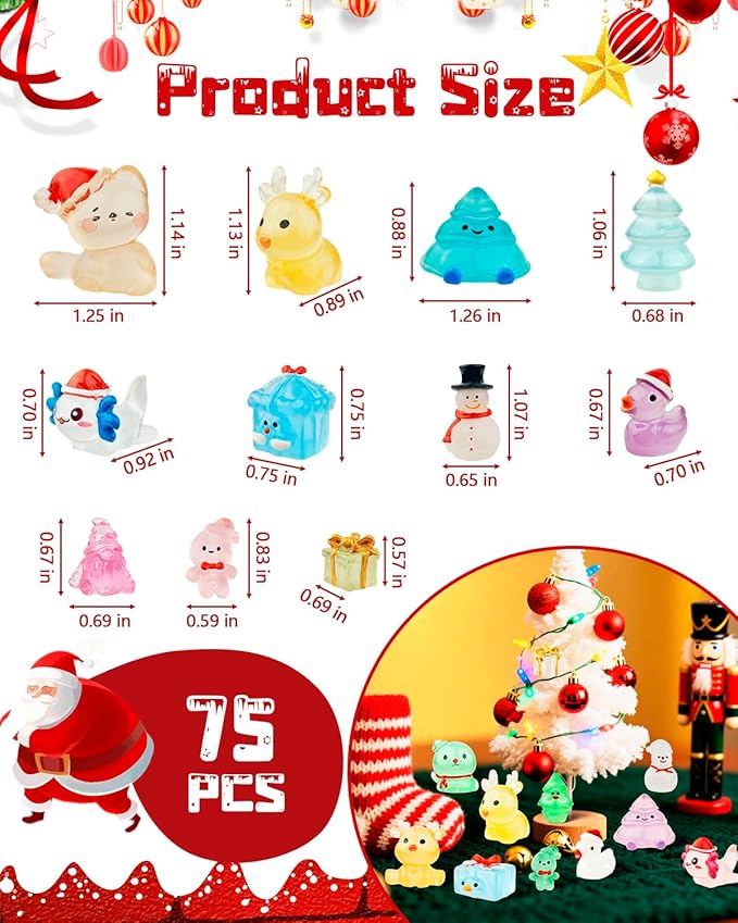75 Pcs Miniature Christmas Figurines - Luminous Mini Resin Figures to Hide, Glow in The Dark Resin Animals for Micro Landscape Aquarium Fairy Garden Dollhouse Decor-CasaMuseHome