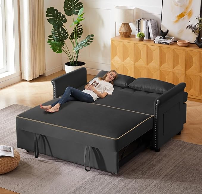 57-Inch Velvet Full Size Sleeper Sofa Couch with Pullout Bed,Convertible Pull Out with Golden Decorative Strip and Adjustable Backrest for Small Spaces,Apartment, Guest Room, RV (Black)-CasaMuseHome