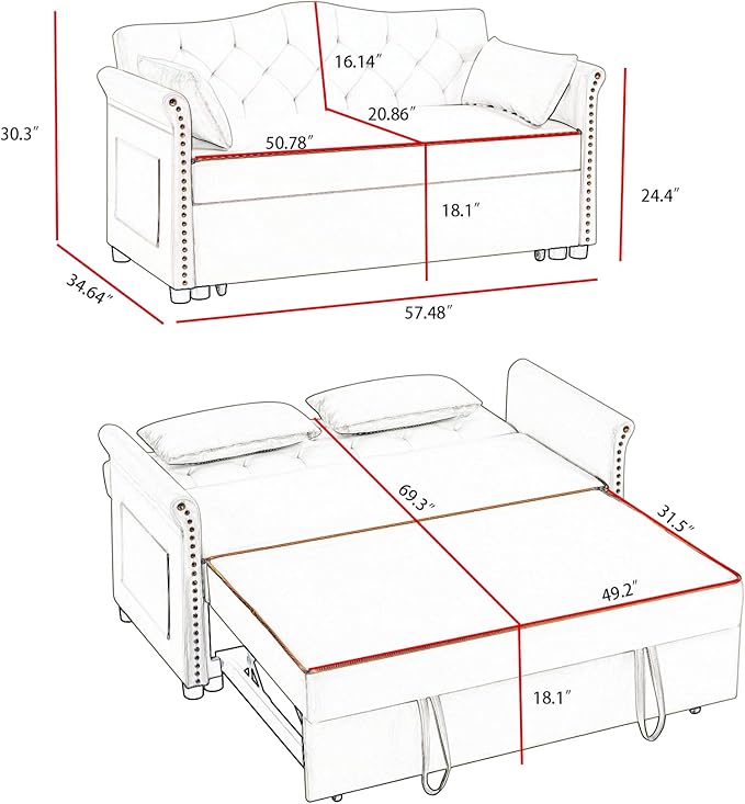 58" Velvet Sofa Bed, 3-in-1 Convertible Pull-Out Sleeper Sofa & Couch with Storage Bag and Adjustable Backrest,Perfect for Small Spaces, Living Room, or Office-CasaMuseHome