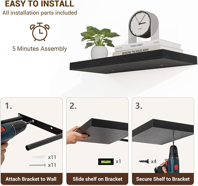 36 Inch Floating Shelves, 36"x9.25"x1.5" Inch Deep Floating Shelves for Wall, Wooden Shelves for Bathroom, Bedroom, Living Room, Black-CasaMuseHome