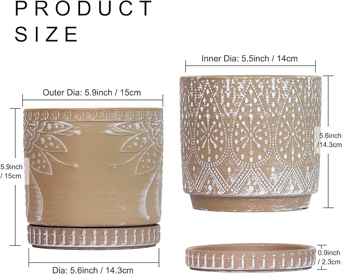 6 Inch Indoor Plant Pots with Drainage Holes and Saucers, Ceramic Planter for Plants, Flower Pot - Set of 2-CasaMuseHome