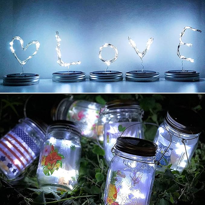 8 Pack Fairy Star Firefly Jar Lids Lights,Solar Fairy String Lids Lights（No Jars）,Waterproof Lantern Mason String Solar Lights with Hangers for Regular Mouth Jars Christmas Gifts(Cold White)-CasaMuseHome