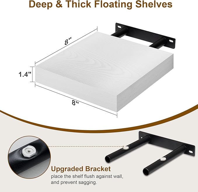 8 Inch Deep Floating Shelves White, Rustic Wood Floating Shelf for Home Decor, 8 x 8 Inch Square Wall Shelves, Wooden Storage & Display Shelves for Kitchen, Bathroom, Living Room, Set of 2-CasaMuseHome