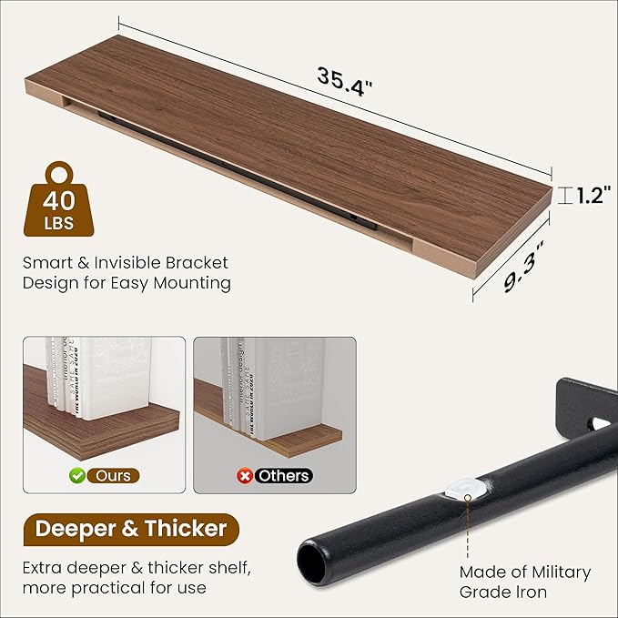 36 Inch Floating Shelves, 9.3 Inch Deep Rustic Wall Shelves - Extra Deeper Wall Mounted Storage Shelves for Bathroom, Kitchen, Living Room (Walnut, Set of 2)-CasaMuseHome