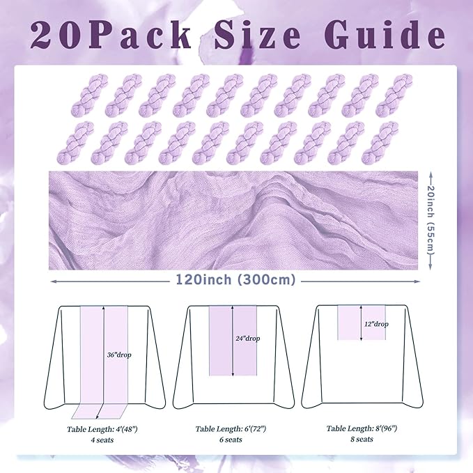 20 Pack Lilac Cheesecloth Table Runner 10FT Rustic Gauze Cheese Cloth Table Runner for Wedding 20 x 120 Inch Long Bridal Baby Shower Table Decor Boho Fabric Sheer Birthday Party Table Decorations-CasaMuseHome