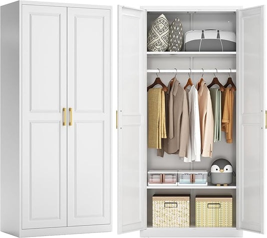 71" Metal Armoire Wardrobe Closet with 2 Doors, Tall Wardrobe Cabinet with Hanging Rod and Adjustable Shelves, White Clothing Storage Cabinets for Bedroom, Laundry Room, Home Office-CasaMuseHome