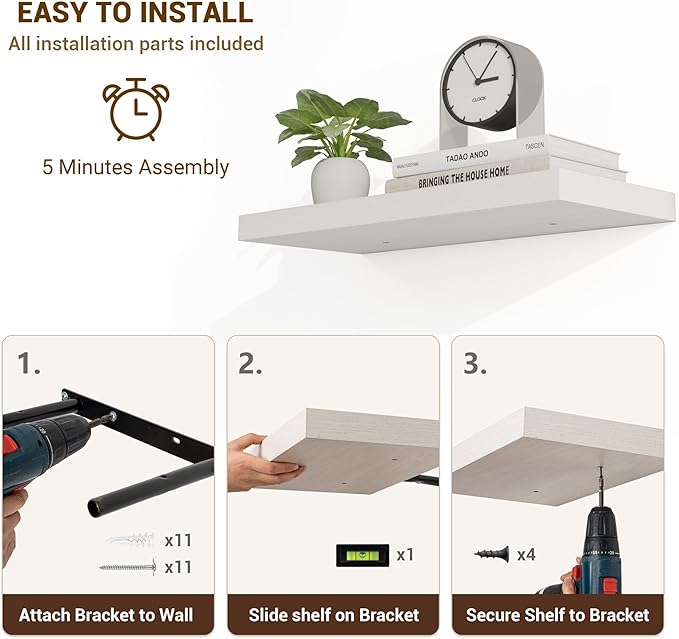 16 Inch Floating Shelves, 16"x9.25"x1.5" Inch Deep Floating Shelves for Wall, Wooden Shelves for Bathroom, Bedroom, Living Room, Cream White Oak-CasaMuseHome