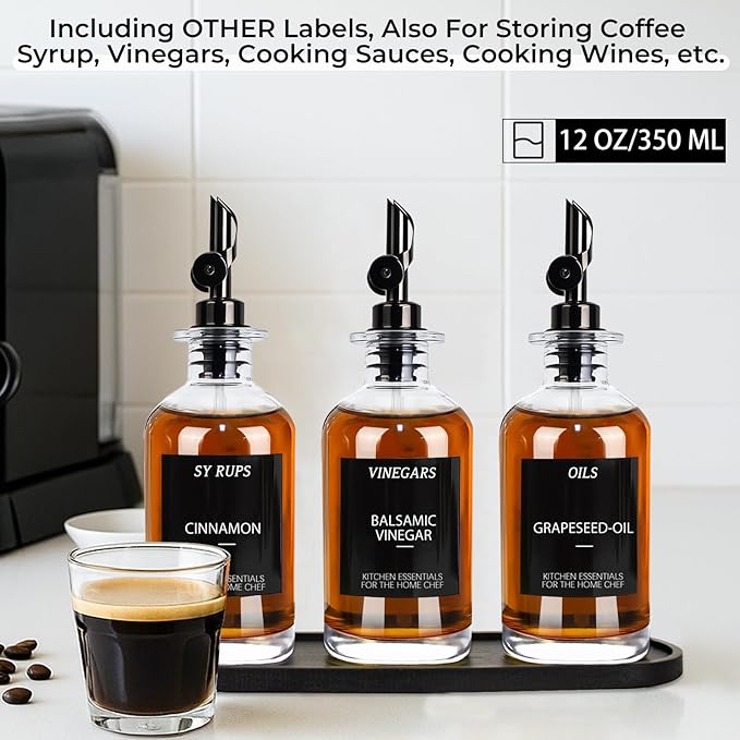 3PCS Olive Oil Dispenser Bottle For Kitchen, Soy Sauce Dispenser, Glass Oil and Vinegar Dispenser Set W. Wooden Tray & Labels & 3 Replacement Spouts, Coffee Syrup Dispenser-CasaMuseHome