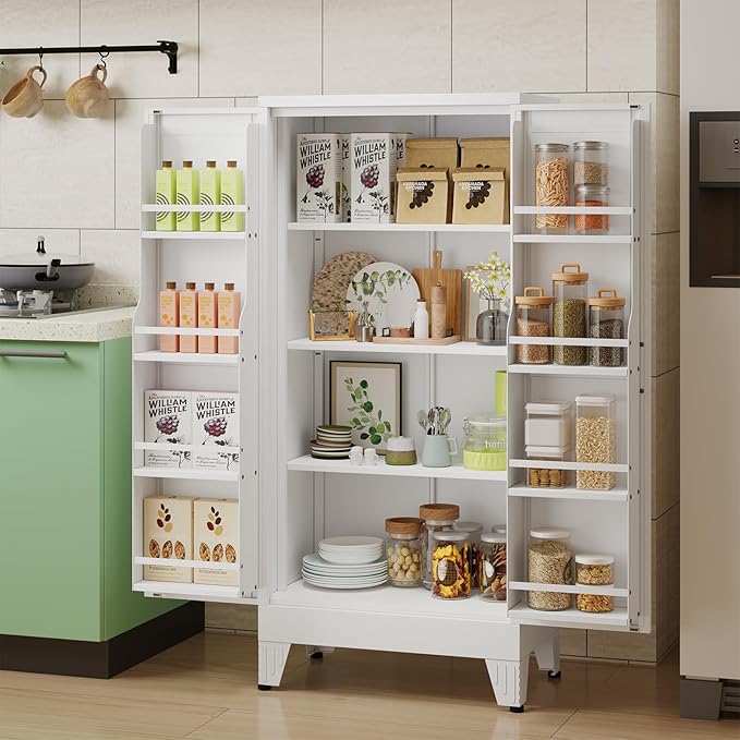 51" H Metal Kitchen Pantry Storage Cabinet, Freestanding Cupboard Storage Cabinet with Doors and Adjustable Shelves, Large Stand Up Food Cupboard for Living Room, Dinning Room, White-CasaMuseHome