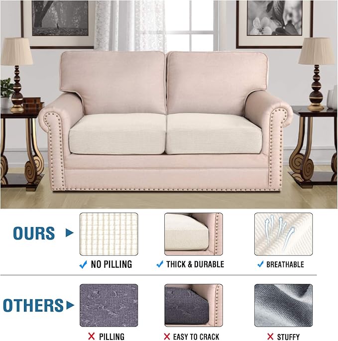 H.VERSAILTEX Super Stretch Individual Seat Sofa Covers Couch Slipcover Sets Thick Jacquard Textured Twill Fabric (2 Piece Medium Sofa Cushion Covers, Natural)-CasaMuseHome