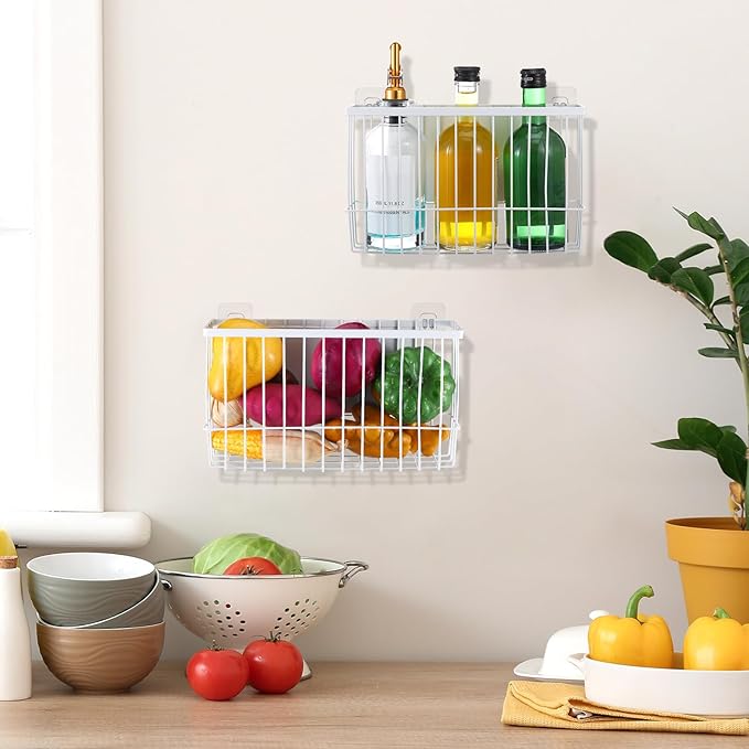 3 Pcs Magnetic or Adhesive Refrigerator Organizer Magnetic Baskets Kitchen Holder for Refrigerator Metal Shelf Rack Storage with 2 Types of Installation(White)-CasaMuseHome