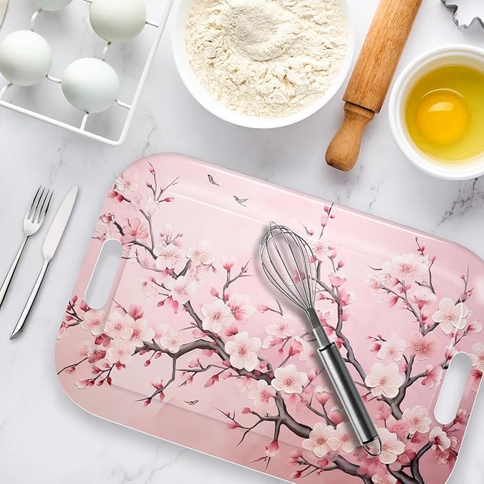 Serving Trays with Handles, 14.5 x 9.8 inch Rectangular Plastic Tray for Restaurant, Kitchen, Pink Cherry Blossom-CasaMuseHome