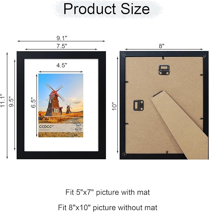 8x10 Picture Frame Set of 4, 8 x 10 Wood Photo Frames with Mat for 5x7, Wooden Frame with Real Glass Cover for Wall and Tabletop Display,Black-CasaMuseHome