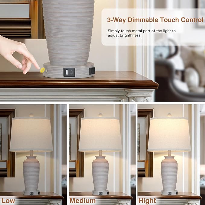 25“ Traditional Table Lamps Set of 2, Bedside Touch Lamp with USB C+A Charging Ports, Rustic Farmhouse Jar Table Lamps for Living Room Bedroom, Side Table Lamp with Beige Fabric Shade, Antique Grey-CasaMuseHome