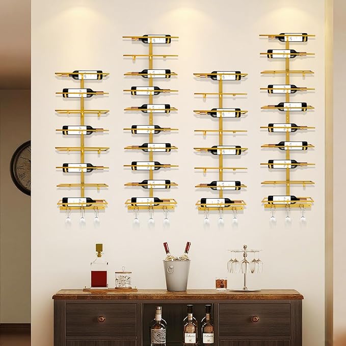 20 Bottle Wall Mount Wine Rack with Wine Glass Holder, Metal Wine Wall Rack, Wall Racks for Wine Bottles Display and Storage, Hanging Bottle Organizer for Living Dining Room Wine Cellar Bar (Gold)-CasaMuseHome