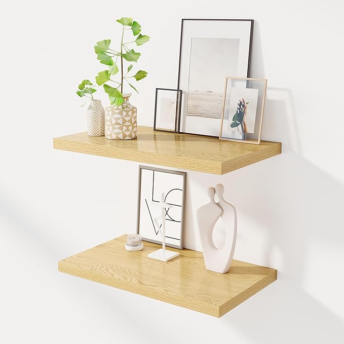 24" Floating Shelves for Wall, 12" Deep Slim Oak Floating Shelves, Wall-Mounted Shelves for Bedroom, Living Room, Kitchen, Bathroom - Set of 2-CasaMuseHome