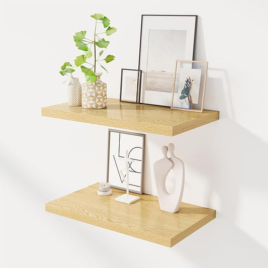 24" Floating Shelves for Wall, 12" Deep Slim Oak Floating Shelves, Wall-Mounted Shelves for Bedroom, Living Room, Kitchen, Bathroom - Set of 2-CasaMuseHome