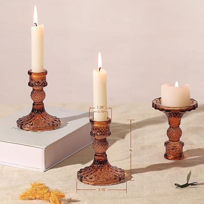 12Pcs Amber Candlestick Holders Set- 4" H Taper Candle Holders Bulk, Glass Candle Holders for Wedding, Party, Fall Dinner Table Centerpieces, Festival Gifts & Windowsill Decor-CasaMuseHome