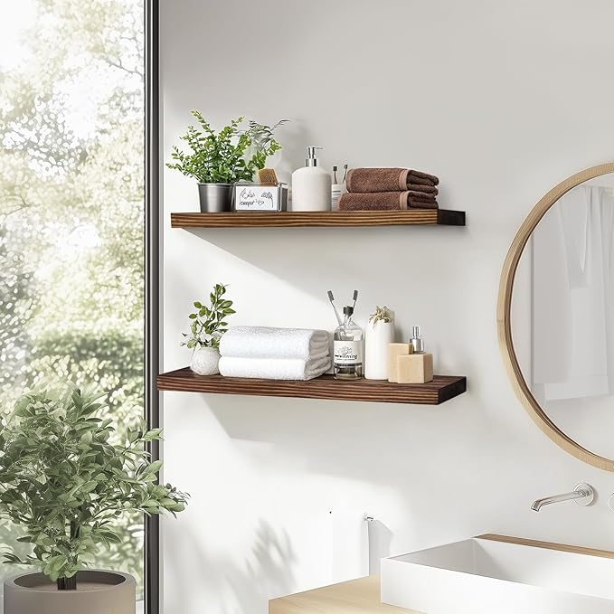 24"x6.8"x1.2" Solid Wood Floating Shelves 2-Pack - Rustic Brown Finish with Hidden Brackets, Perfect for Storage and Décor in Living Room, Kitchen, Bedroom-CasaMuseHome
