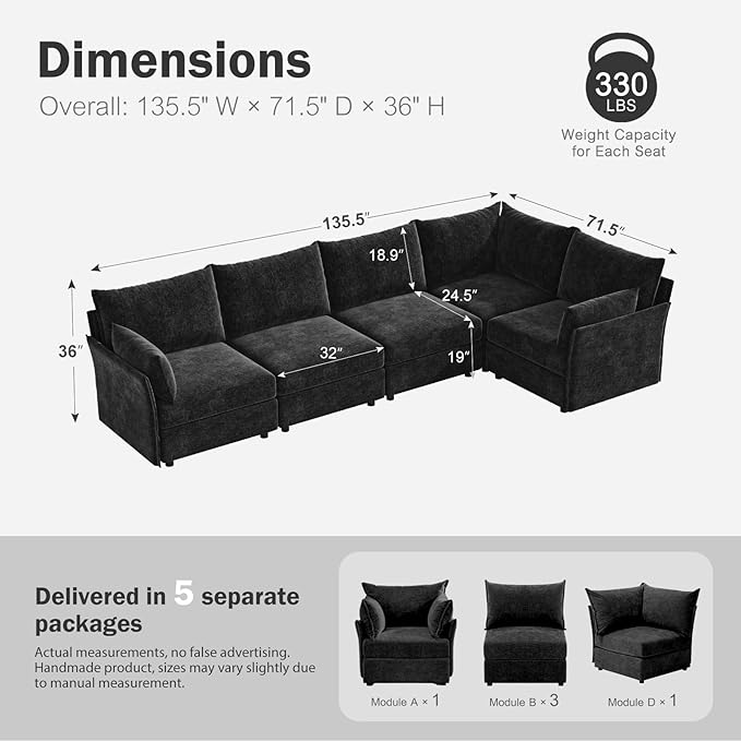 135.5" Oversized Modular Sectional Sofa, L Shaped Convertible Couch with Movable Ottoman, 5 Seat Corner Couches for Living Room Deep Seat Black Chenille-CasaMuseHome