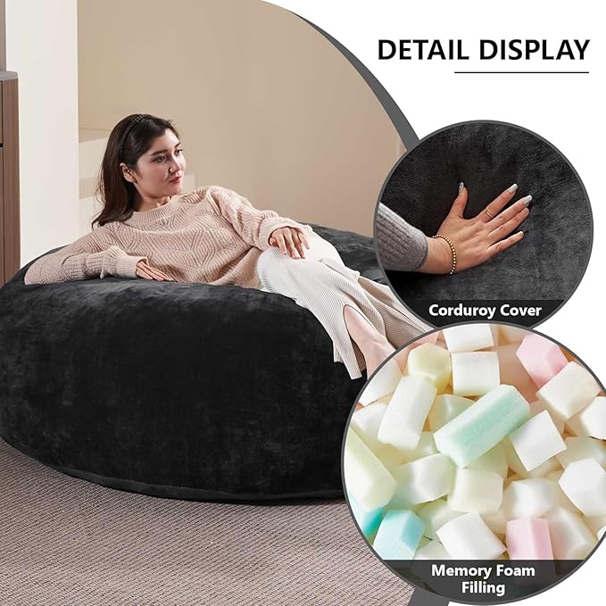 5FT，Big Bean Bag Chairs for Adults，Large beanbag with Filler Included，Memory Foam Material，Easy to Clean and Washable Corduroy Fabric，Suitable for Living Room and Bedroom (Black, 5 Foot)-CasaMuseHome