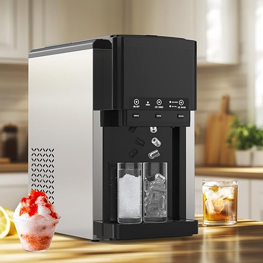 3 in 1 Water Dispenser with Ice Maker, Nugget Ice Maker Countertop, Bullet Ice, Crushed Ice, Water Cooler, 44Lbs/24H, 12 Ice Cube/6Min, Self-Cleaning, 4Lbs Ice Storage, Home, Kitchen, Party, RV-CasaMuseHome
