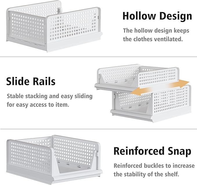 5 Pack Stackable Plastic Storage Basket Closet Organizer Bin Foldable Clothes Organizer Storage Drawer Shelf Container for Living room Bathroom Kitchen Office (4L+1S)-CasaMuseHome