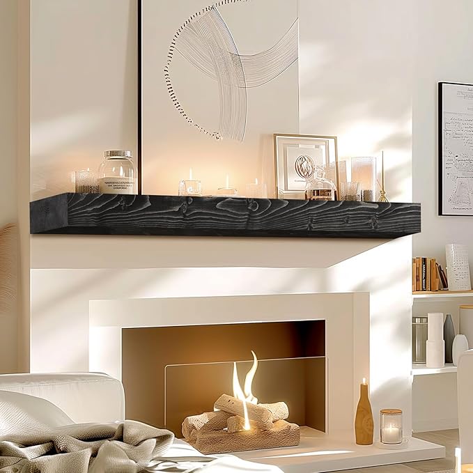 48x7x3 Fireplace Mantel - Solid Rustic Wood - Wall Mounted Floating Shelf with Invisible Heavy Duty Steel Bracket (Weathered Black)-CasaMuseHome