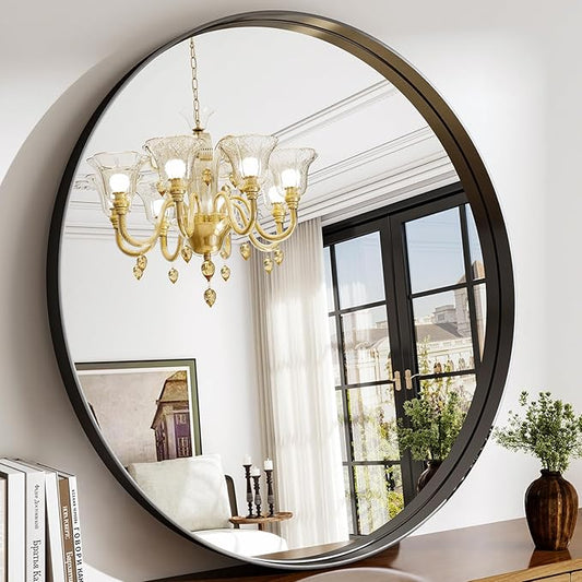36 Inch Round Bathroom Mirror - Wall Mounted Circle Mirror with Metal Frame, Modern Mirror Suitable for Bathroom, Vanity, Entryway, Living Room, Wall Decor,Black-CasaMuseHome