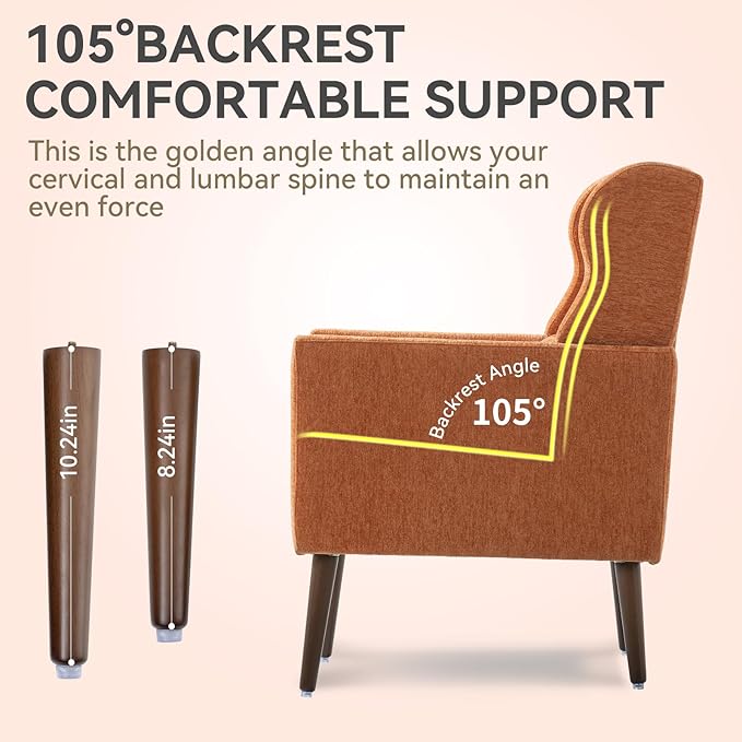 Accent Chair Set of 2, Upholstered Armchair with Pillow, Fabric Single Sofa Chair with Lounge Seat and Wood Legs Accent Chair for Living Room Small Spaces (Orange, Set of 2)-CasaMuseHome