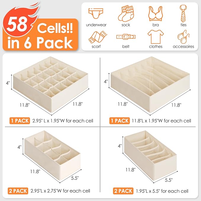 6 Pack Sock Underwear Drawer Organizer Dividers, 58 Cell Foldable Fabric Dresser Closet Organizers and Storage Bins for Clothing, Baby Clothes, Bra, Panty, Scarf, Ties (Beige)-CasaMuseHome