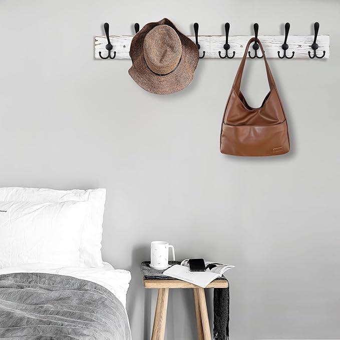 32.2'' Large Coat Rack Wall Mount Coat Hooks with 8 Metal Black Triple-Hooks Old White Pine Real Wood Plank Hat Rack for Wall Hooks-CasaMuseHome