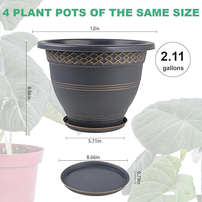 4 Pack 12 Inch Large Plant Pots, Plastic Flower Pot for Indoor & Outdoor with Drainage Holes & Saucer, Plaid Pattern Planters Garden Pots for Herbs-CasaMuseHome