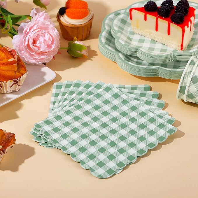 350 Pcs Sage Green Gingham Paper Plates and Napkins Party Supplies - Sage Green and White Checkered Plates Scalloped Plaid Plate for Birthday Dinner Picnic BBQ Party Decorations, Serve 50 Guests-CasaMuseHome